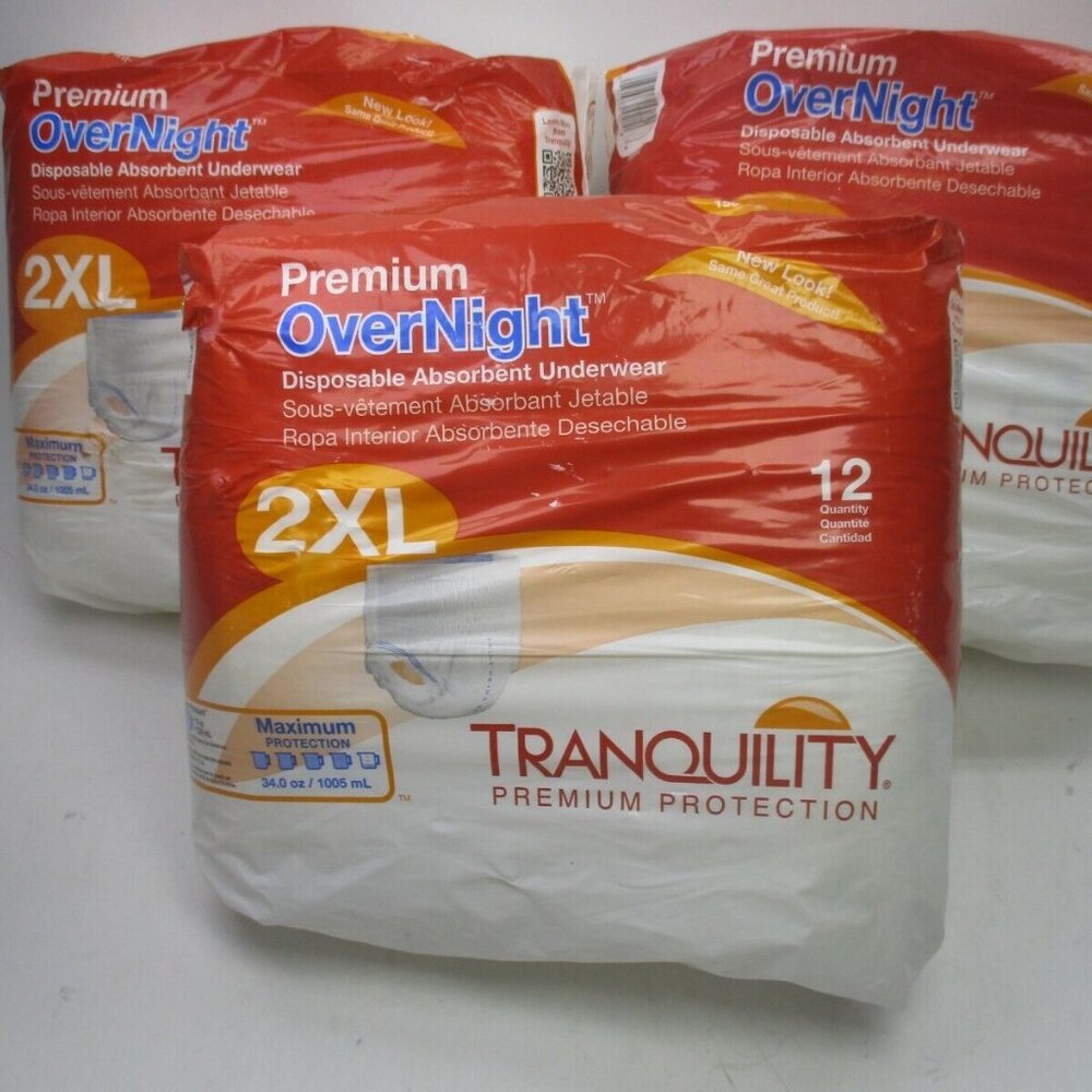 New never opened 12ct Tranquility 2XL overnight adult briefs. Qty: 32 pkgs of 12